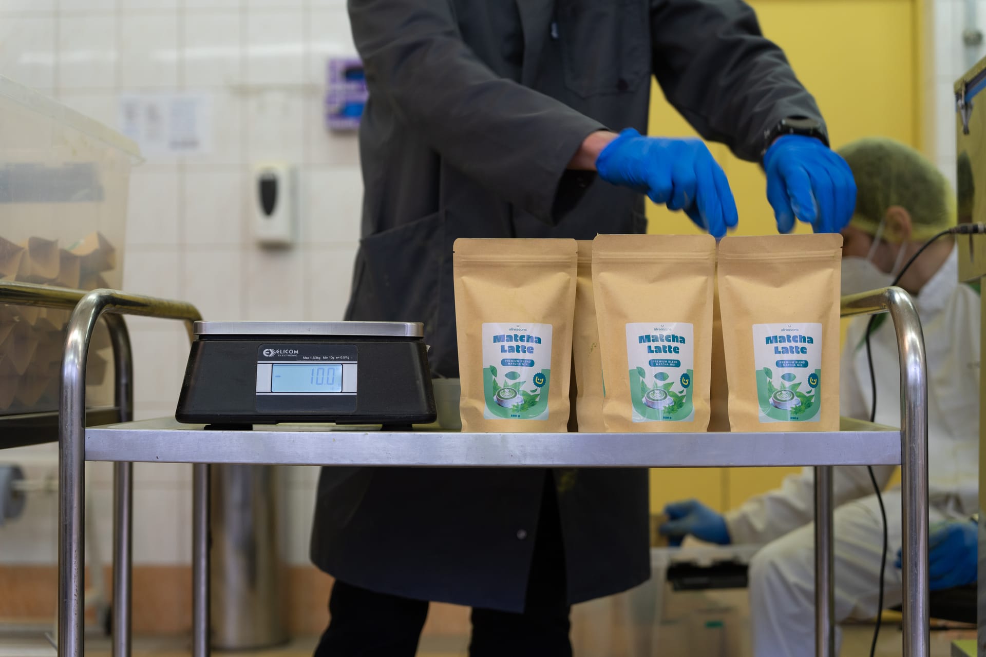 Matcha Latte products being weighed at Allreasons production facility