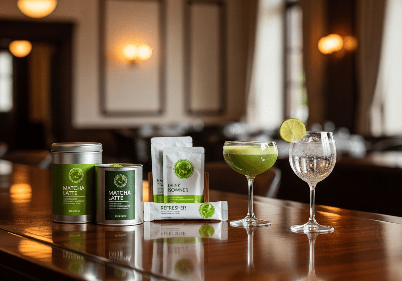 Matcha products on restaurant bar counter
